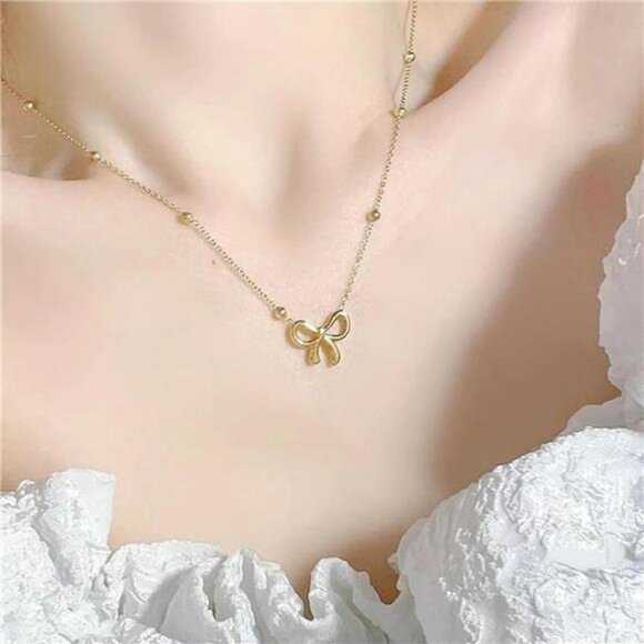 Gold Bow Necklace Earrings Bracelet Set Women Ribbon Jewelry Christmas Gifts - Picture 4 of 8